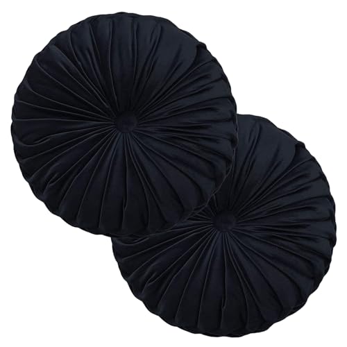 Teieas 2 Pcs Round Throw Pillows Decorative Pumpkin Velvet Boho Pleated Bed Pillows Back Support for Couch Chair Dorm Car 14.96'' (Black) - color: Black