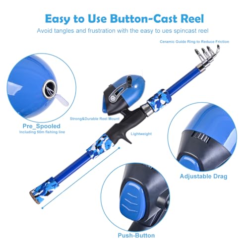 LEOFISHING Portable Kids Fishing Rod Set 2Pack Telescopic Fishing Poles for Boys and Girls Fishing Rod and Reel Combos with Full Kits Fishing Net and Bucket for Toddler Youth