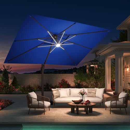 10 X 13 FT Cantilever Patio Umbrella with Base Included & Led Lights Outdoor Rectangle Offset Large Double Top Heavy Duty Umbrellas 360°Rotation for Pool Deck Backyard Garden, Navy - color: Navy, size: 10×13 FT with Base
