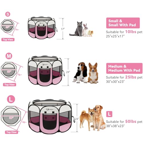 Siedihit Dog Cat Playpen, Puppy Pet Playpen Indoor for Small Dog Crate Tent Cage Outdoor, Portable Pop Up Dogs Enclosure Kennel with Carrying Case for Dogs/Cats/Rabbits(Pink, Small with pad) - color: Pink with Pad