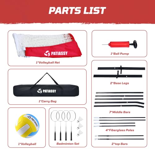 Volleyball Badminton Net Set Combo, 14FT Portable Net System with 5.1FT–8FT Adjustable Height, Backyard Outdoor Game Set with 4 Aluminum Rackets, 3 Shuttlecocks for Lawn Beach Indoor Outdoor Play