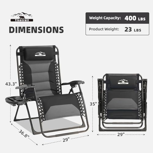 Zero Gravity Lounge Chairs - Set of 2 Oversized Reclining Patio Chairs with Adjustable Pillow & Cup Holder (500lbs Capacity, Black/Gray) - color: Black & Gray, size: X-Large/2 PCS