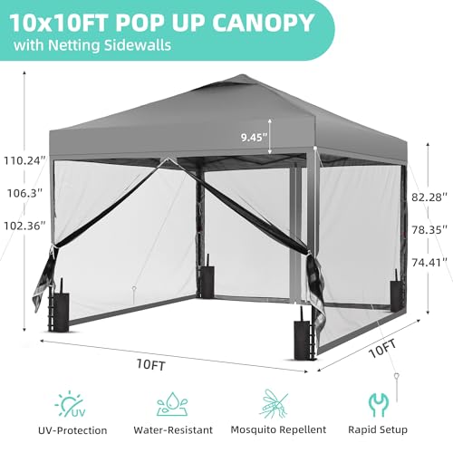 GDY 10x10 Pop up Canopy Tent with Mosquito Netting, Easy up Gazebo for Patio, Camping and Garden, Includes 4 Sandbags, Gray - color: Gray, size: 10x10 with Mosquito Netting