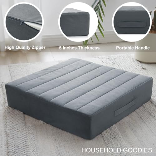 JKMAX 2 Pcs High Density Foam Floor Pillow - Upgraded Large Pillows Seating for Adults - Outdoor Floor Cushion with Soft Tufted Cover - Yoga Pillows for Sitting On Floor - 22 Inch Grey - color: Dark Gray, size: 2 Counts