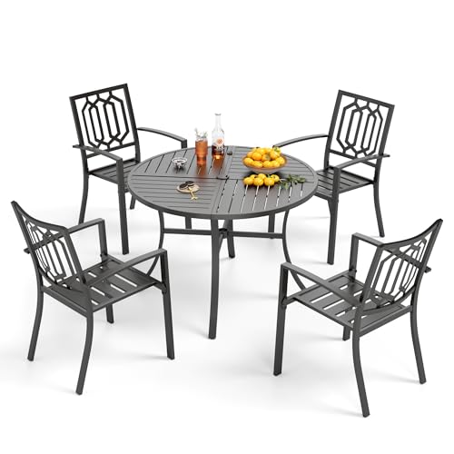 PHI VILLA 5 Pieces Outdoor Round Dining Set for 4, Wrought Iron Circle Table with Umbrella Hole & Stacking Metal Chairs, Modern Furniture Set for Patio, Deck, Backyard, Porch - color: Hexagon Back Chair, size: 5PCS-42" Round Table