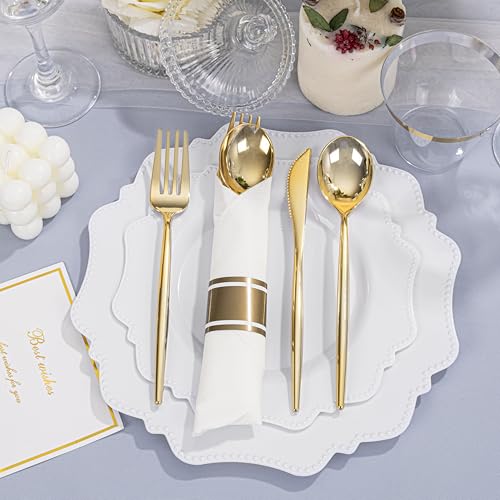 COLOSUS 350pcs White Plastic Plates Disposable Gold Cutlery Dinnerware set for party: 50 Dinner Plate, 50 Dessert Plate, 50 Per Rolled Napkins with Gold Silverware, 50 Cups 9 OZ for New Year - color: White