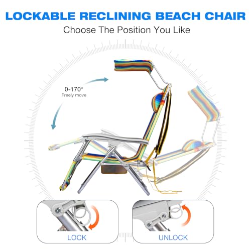 Lightweight Backpack Beach Chair for Adults, Patio Zero Gravity Chair with Canopy, Outdoor Adjustable Folding Reclining Lounge Chair with Cup Holder Pillow,Lawn Garden,Sand (Rainbow Stripe)