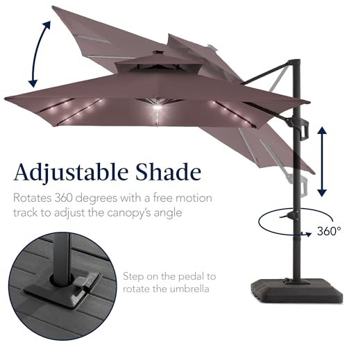 Best Choice Products 9x12ft LED Cantilever Patio Umbrella w/Base Included & 360° Rotation, Large Solar Offset Hanging Outdoor Sun Shade for Deck, Backyard Table w/Stand & Lights – Deep Taupe - color: Deep Taupe, size: 9x12ft