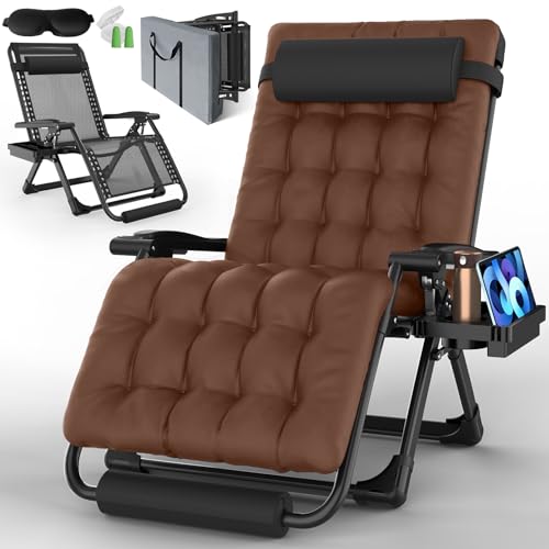 Oversized Zero Gravity Chair, 33In XXL Padded Lounge Chair, Recliner Chair W/Cushion& Storage Bag, Footrest, Reinforced Full-Alu Alloy Lock, Larger Cup Holder, for Indoor Outdoor, 500lbs Max - color: 33in - Brown