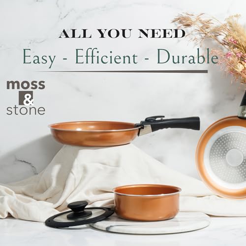 Moss & Stone Copper Pots And Pans Set Nonstick, Removable Handle Cookware, Stackable Pots And Pans Set, Dishwasher safe, Induction Pots And Pans, Camping Cookware Set, Aluminum (7 Pcs) - size: 7 Pcs Copper
