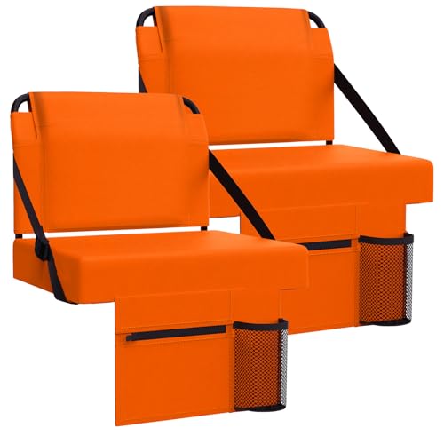 2pcs Stadium Seat for Bleachers with Back Support，Portable Bleacher Chairs with Back and Cushion，Includes Shoulder Strap and Cup Holder - color: Orange,2 Pack