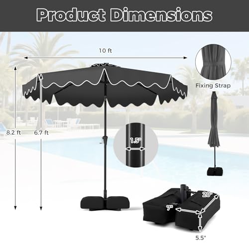 Tangkula 10 FT Solar Patio Umbrella with Base Included, 2-Tiers Outdoor Scalloped Table Umbrella with 32 LED Lights, 2 Sandbags, Tilt Adjustment, Crank, 8 Ribs for Market Backyard Pool Deck Beach Lawn (Gray, 10 FT) - color: Gray, size: 10 FT