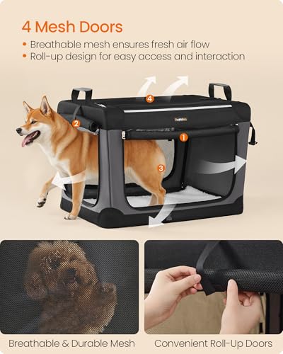 Feandrea Collapsible Dog Crate, 30-Inch Portable Dog Travel Crate for Medium Dogs, Oxford Fabric Pet Carrier with 4 Mesh Doors, Handles, Storage Pocket, Water Bottle Holder, Ink Black UPDC017B01 - size: L（30"L x 21"W x 21"H)