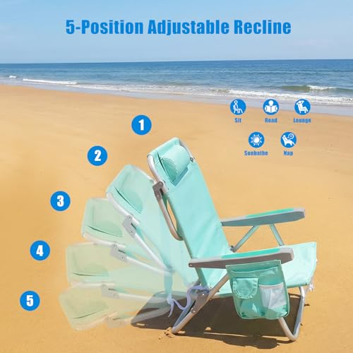 SUNNYFEEL Low Beach Chair, 5-Position Lay Flat Reclining, Backpack Portable Folding Chair with Cooler Bag & Cup Holder, Heavy Duty 350 LBS, Compact for Beach, Camping, Travel - color: Teal, size: 1-pack