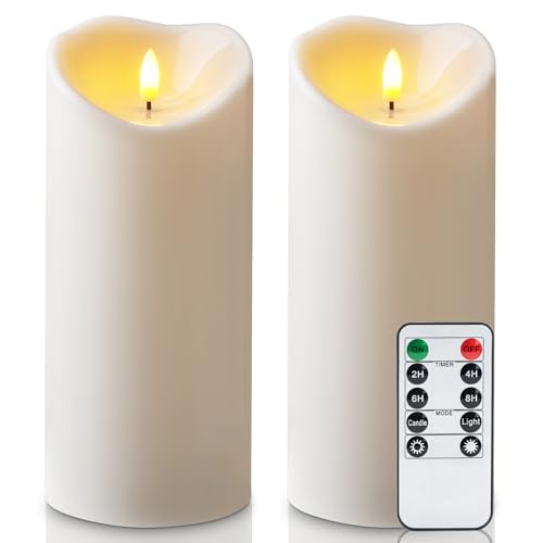 Amagic 4” x 9” Large Outdoor Waterproof Flameless Candles with Remote, Battery Operated Candles with Timer, Flickering Fake LED Pillar Candle for Patio Yard Porch Decor, Ivory White, Set of 2 - color: Ivory White, size: D4" x H9"