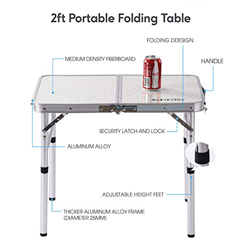 Folding Camp Table Small, 24''L x16''W with Adjustable Height Legs, Indoor Outdoor Lightweight Portable Aluminum Dining Table for Picnic Camping 2-Feet（2 Heights 10"/19"） - color: Silver & Sage Gray, size: 24"L x 16"W x 24"H