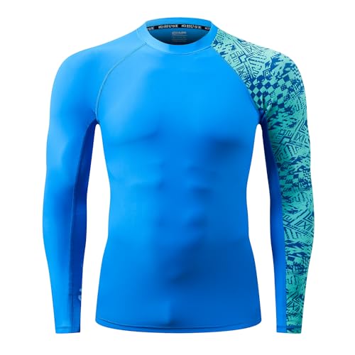 HUGE SPORTS Men's Rash Guard Long Sleeves UPF 50+ UV Sun Protection Quick Drying Splice Compression Swim Shirts - color: Blue Digital, size: X-Large