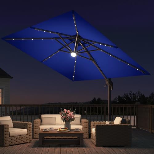 JZAC & QZYD 9x9 FT Outdoor Cantilever Patio Umbrella with Solar LED Lights, Large Heavy Duty 2-Tier Canopy Square Aluminum Offset Umbrellas with 360-Degree Rotation for Pool Deck Backyard, Navy - color: Navy, size: 9'×9'