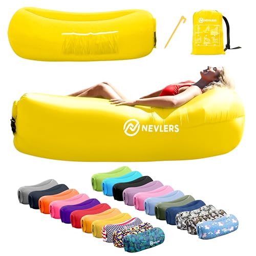 Nevlers Yellow Inflatable Lounger | 210T Polyester Air Couch | No-Pump Blow Up Chair | Inflatable Chair w/ 450lbs. Cap., Pockets & Matching Bag | for Use as Outdoor Inflatable Couch for Adults & Kids - color: Yellow, size: 1 Pack