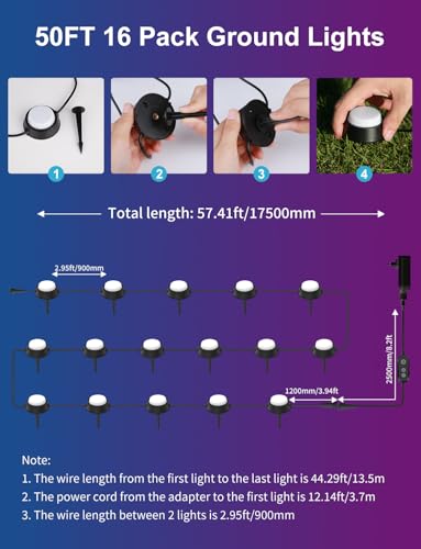 APPECK Smart Outdoor Ground Lights 16 Pack, 50FT RGBW Color Changing Pathway Lights Wired, IP65 Waterproof Landscape Lights, for Garden Yard Lawn Walkway Holiday Party Decor, Compatible with Alexa - size: 16 Pack, 50FT
