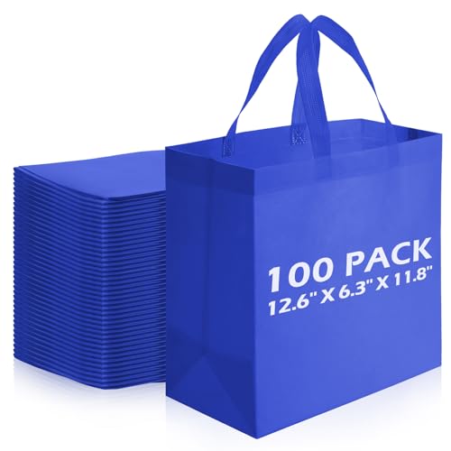 Reginary 100 PCS Reusable Totes Bags - Non Woven Grocery Handle Bags for Shop Events & Retail Store(Blue) - color: Blue