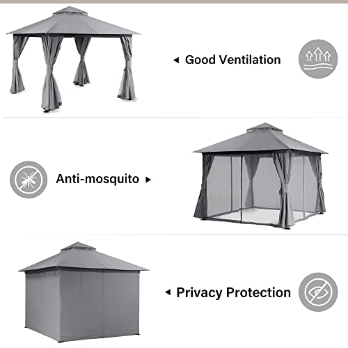 LAUSAINT HOME 10'x10' Outdoor Gazebo with 50FT String Lights, Metal Heavy Duty Patio Canopy Tent with Double Roofs, Mosquito Nettings and Privacy Screens for Backyard, Garden, Lawn, Gray - color: Gray, size: 10'x10' With String Lights