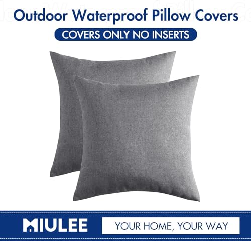 MIULEE Pack of 2 Decorative Outdoor Solid Waterproof Throw Pillow Covers Faux Linen Garden Farmhouse Cushion Cases for Patio Tent Balcony Couch Sofa 16x16 Inch Light Grey - color: Light Grey, size: 16" x 16" (Pack of 2)