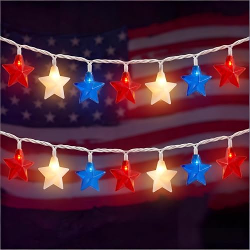 8.5Ft Patriotic Red White Blue Star String Lights, 10 LED Plug in Connectable Fairy Lights for 4th of July Independence Day, Outdoor Waterproof Star Lights for Patio Garden Bedroom Holiday Party Decor - color: 10LED Star Lights