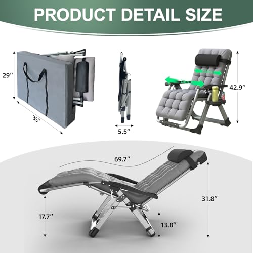 XL Zero Gravity Lounge Chair 29", Oversized Padded Folding Recliner for Patio with Storage Bag, Removable Cushion, Footrest, Full Aluminum Lock & Large Cup Holder, Supports 450 lbs, Brown - color: 29in - Brown