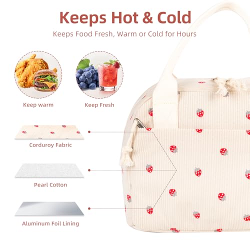 Reusable Insulated Lunch Bag for Women Men, Corduroy Lunch Tote Leakproof Cooler Bag with Reinforced Stitching, Cute Lightweight Thermal Lunch Box for Work Picnic Travel, Strawberry - color: Strawberry