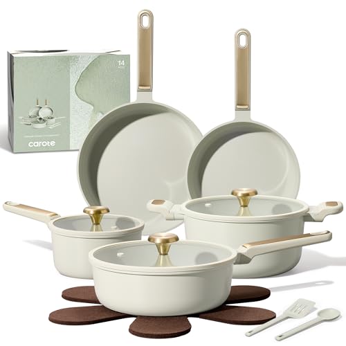 CAROTE Ceramic Cookware Set Nonstick, 14pcs Pots and Pans Set Nonstick, Non-Toxic & PFAS-Free, Dishwasher, RV/Camping Cookware Set, Cooking Pots with Lids, Sage Green - color: Green