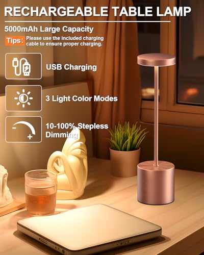Swinerton Cordless Table Lamps Rechargeable, Portable LED Desk Lamp, 5000mAh Battery Powered Wireless Table Light - 3 Color Dimmable Lighting for Restaurant Dining Patio Outdoor Bedroom(Rose Gold) - color: Rose Gold
