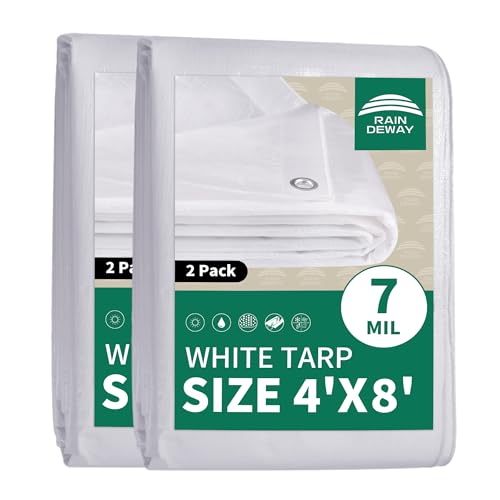 RAINDEWAY Small Tarps 4x8 Feet (2 Pack) Tarp Waterproof,7Mil Thick,Finished Size,UV Resistant,Multipurpose Poly Tarp Cover with Metal Grommets and Reinforced Edges,White Tarps - color: White, size: 4x8 Feet (2 Pcs)-Finished Size