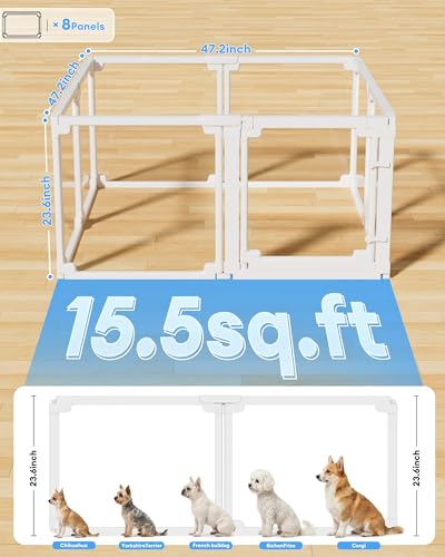 Clear Acrylic Dog Playpen Indoor,Tool-Free Assembly & Easy Clean,24 in Puppy Playpen with Door for Small Dogs/Cats/Rabbits/Pigs/Ferret,Indoor and Outdoor Use,8 Panels(White