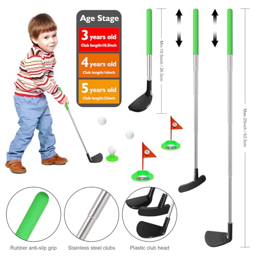 Kids Golf Clubs Set, Retractable Toy Golf Clubs for Toddlers,3 Clubs with Practice Balls, Putting Cups and Flag Poles,Mini Golf Set for Children Age 2 3 4 5 Years Old-Right Hand