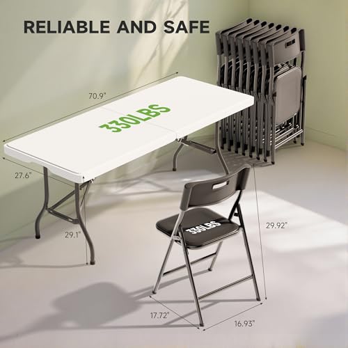 6FT Folding Table Set with 4 Chairs – Heavy-Duty 330 lb Table & 330 lb Chairs, Portable Foldable Furniture Set for Camping, Parties, Indoor & Outdoor Use - color: White Table & Black Chairs, size: 6ft, style: 4 chairs