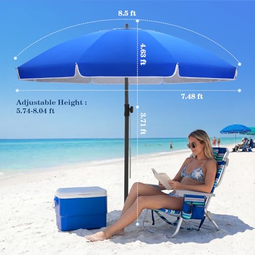 UIRWAY 8.5FT Beach Umbrella, Heavy Duty Windproof Beach Umbrella with Sand Anchor & Tilt Sun Shelter, Sun Protection Portable Beach Umbrellas with Carrying Bag for Beach, Patio Garden Outdoor