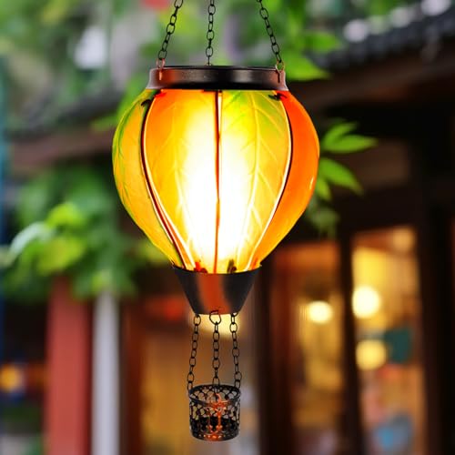 Hanging Solar Hot Air Balloon Lantern with Flame, Glass Hot Air Balloon Solar Lantern Outdoor Waterproof, Solar Powered Hot Air Balloon Lantern Decorative for Outside Garden Yard (Orange) - color: Orange