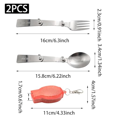 16cm 304 Stainless Steel Folding Spoon and Fork with Small Storage Box, Triple Folding Portable Camping Cutlery for Outdoors, Thermos, Travel Tableware (1 Fork, 1 Spoon)