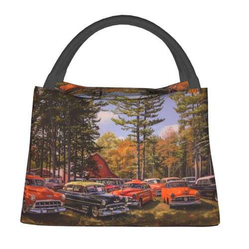 Classic Car Reusable Lunch Box,Countryside Scene with Tree and Vehicle Lunchbox for Men Boys,Insulated Lunchbag,11in*6.3in*6.7in,Gifts Makeup Bag,Portable Handbag for Picnic Work Travel Hiking - color: Car 01