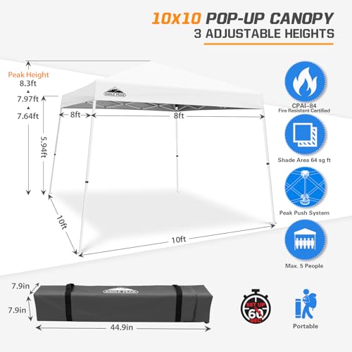 EAGLE PEAK 10x10 Slant Leg Pop-up Canopy Tent Easy One Person Setup Instant Outdoor Beach Canopy Folding Portable Sports Shelter 10x10 Base 8x8 Top (White) - color: White, size: 10x10