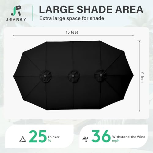 JEAREY 15ft Large Patio Umbrella with Base, Outdoor Rectangle Umbrella Double-Sided Market Umbrella with Stand for Pool, Deck, Backyard and Garden, Black - color: Black