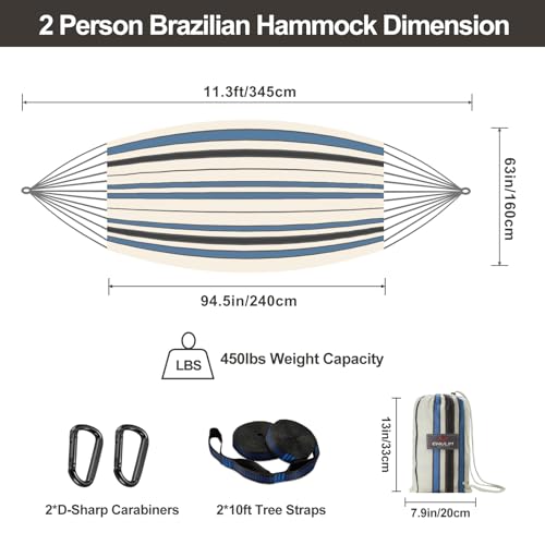 CHULIM Brazilian Double Hammock with Tree Straps,Extra Large 94x63IN,2 Persons Hammock for Backyard Patio Outdoor and Indoor,450lbs Weight Capacity,Soft Woven Cotton Fabric - Blue Stripe - color: Blue White Stripe