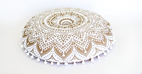 CRAFT KALA 32 Inch Meditation Floor Pillow Cover Round Pillow Seating Hippie Decorative Adults Bohemian Mandala Cushion Cover Outdoor Living Room Throw Ottoman Poufs Cover (White Gold Ombre) - color: White Gold Ombre