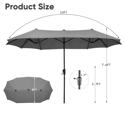 13Ft Large Patio Umbrella with Base Outdoor Double-Sided Market Extra Large Table Umbrella Easy Crank for Yard, Poolside, Deck-Gray - color: Gray, size: 13FT Umbrella+Base