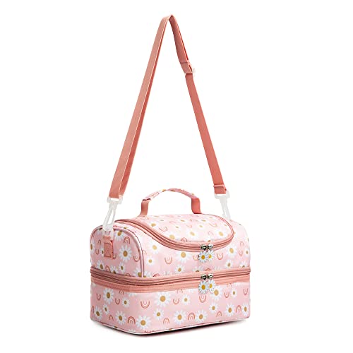 Insulated Kids Dual Compartment Lunch Bags Tote for Girls Boys Toddler Lunch Boxes Pre-School Toddler Kindergarten Elementary Picnic Food Cooler Thermal with Strap (Rainbow Daisies) - color: Rainbow Daisies
