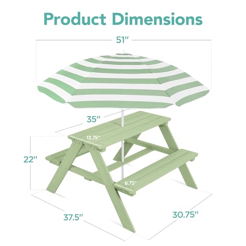 Best Choice Products Wooden Kids Picnic Table with Umbrella, Outdoor Activity Table Set with Built-in Benches, 220 lb Capacity per Bench - Sage - color: Sage