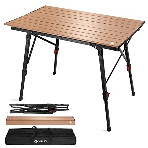 VILLEY Portable Camping Table with Adjustable Legs, Lightweight Aluminum Folding Beach Table with Carrying Bag for Outdoor Cooking, Picnic, Beach, Backyards, BBQ and Party - Gold - color: Gold