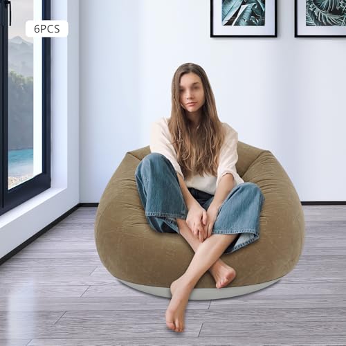 6 Pcs Inflatable Bean Bag 330 lbs Capacity Indoor Outdoor Portable Foldable Flocking Fabric Sofa Games Chairs w/Foot Air Pump for Living Room Bedroom (Coffee Color) - color: Coffee Color