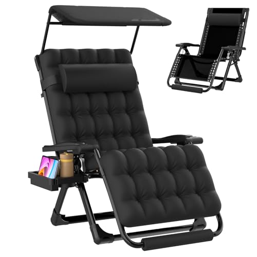 Suteck Zero Gravity Chair with Canopy,33In XXL Oversized Lounge Chair w/Removable Cushion&Headrest, Upgraded Lock and Footrest, Folding Reclining Patio Chairs Recliner for Indoor Outdoor - color: 33inch Black With Canopy